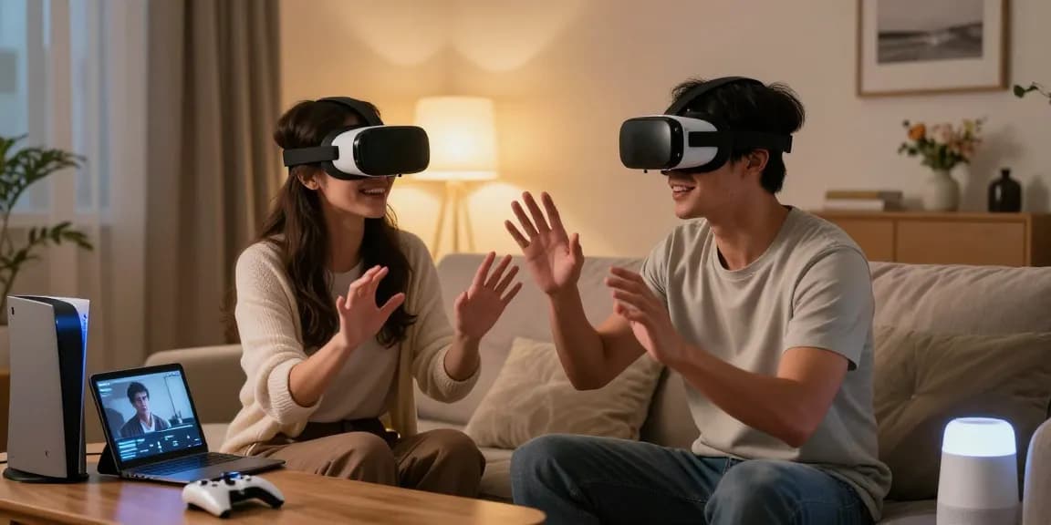 Couple using AI sex technology in a cozy living room setting while wearing VR headsets.