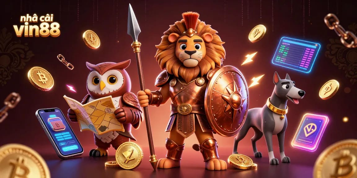Engage with nhà cái vin88's vibrant 3D casino scene featuring a Spartan lion, owl strategist, and greyhound messenger.