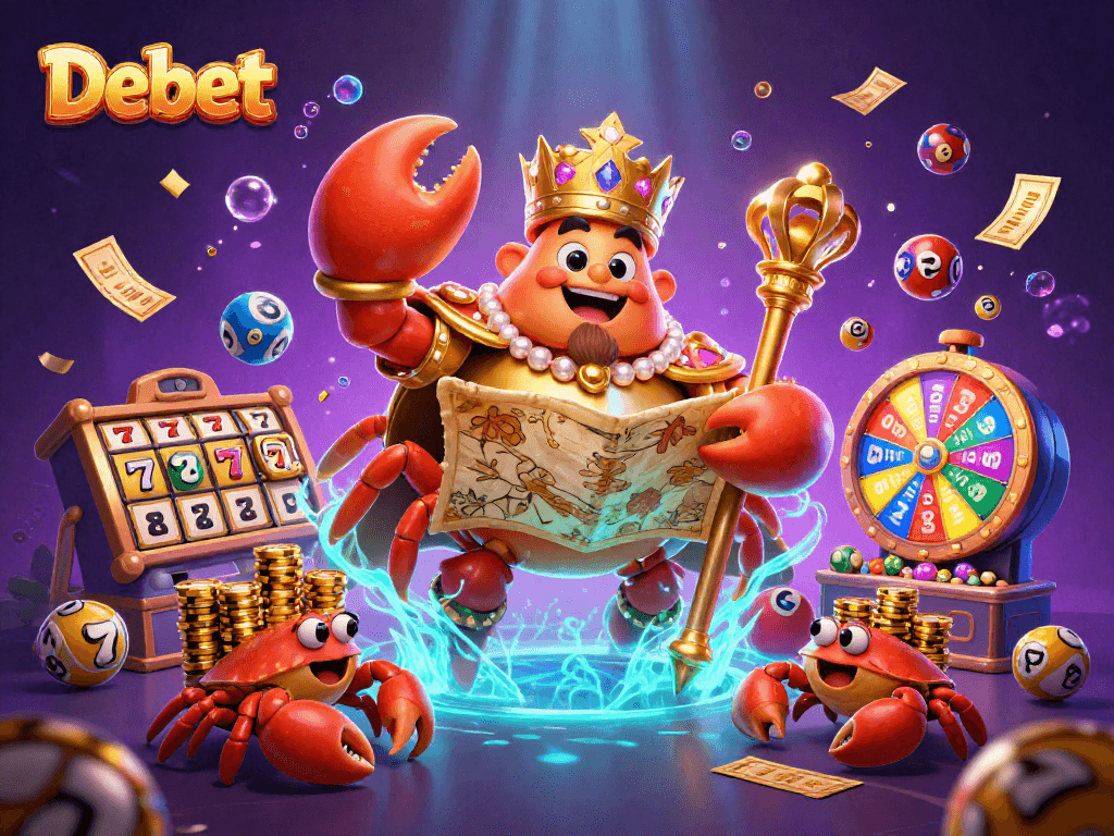 Experience thrilling gameplay at Debet with a vibrant display of golden slots, colorful lottery balls, and a crab emperor.