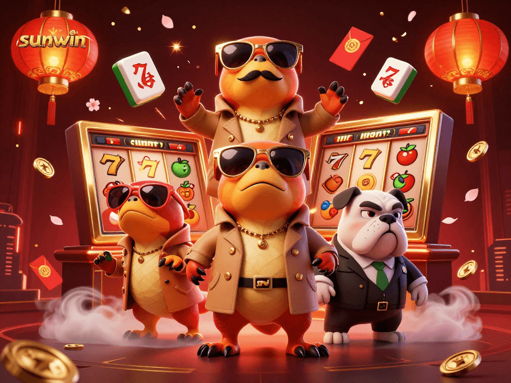 sunwin's playful scene shows raptors in a trench coat attempting entry to a casino, embodying fun and creativity