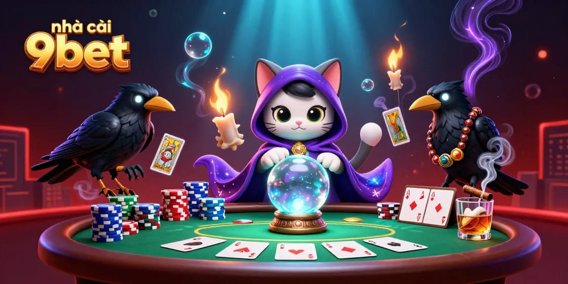 Engage in thrilling poker action with nhà cái 9bet's mystical cat fortune teller and raven dealer.
