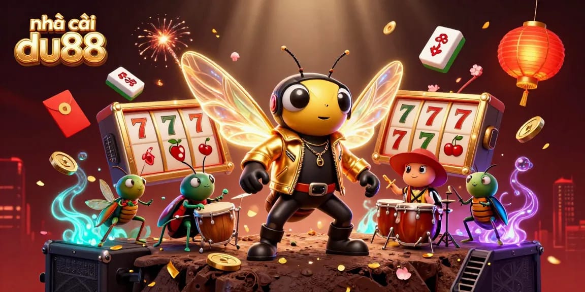 Engage with nhà cái du88 in this vibrant scene of animated characters celebrating with slots and festive decorations.