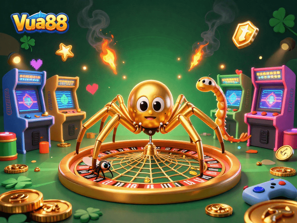 Join the Vua88 betting action with a golden spider and centipede croupier spinning a roulette web.