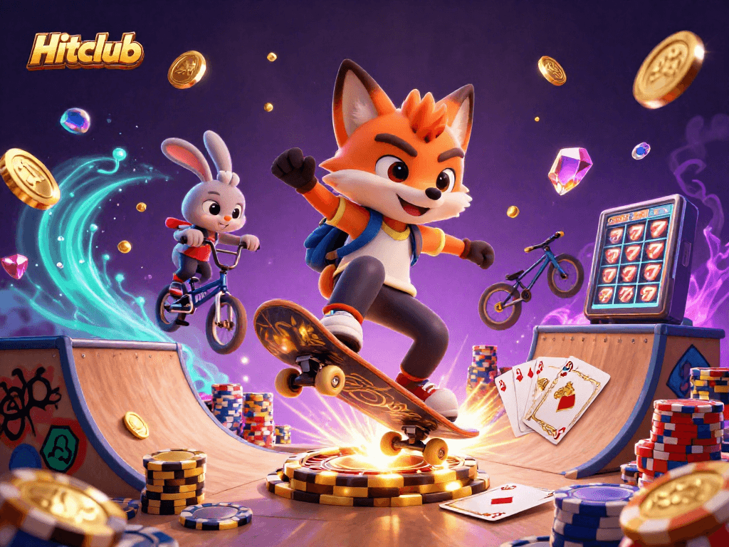 Hitclub features a skateboarder fox and BMX rabbit amidst a vibrant casino scene, showcasing thrilling gaming action.