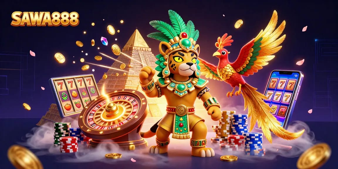 Experience SAWA888 as vibrant slot reels spin with gold coins cascading in a lively casino scene.