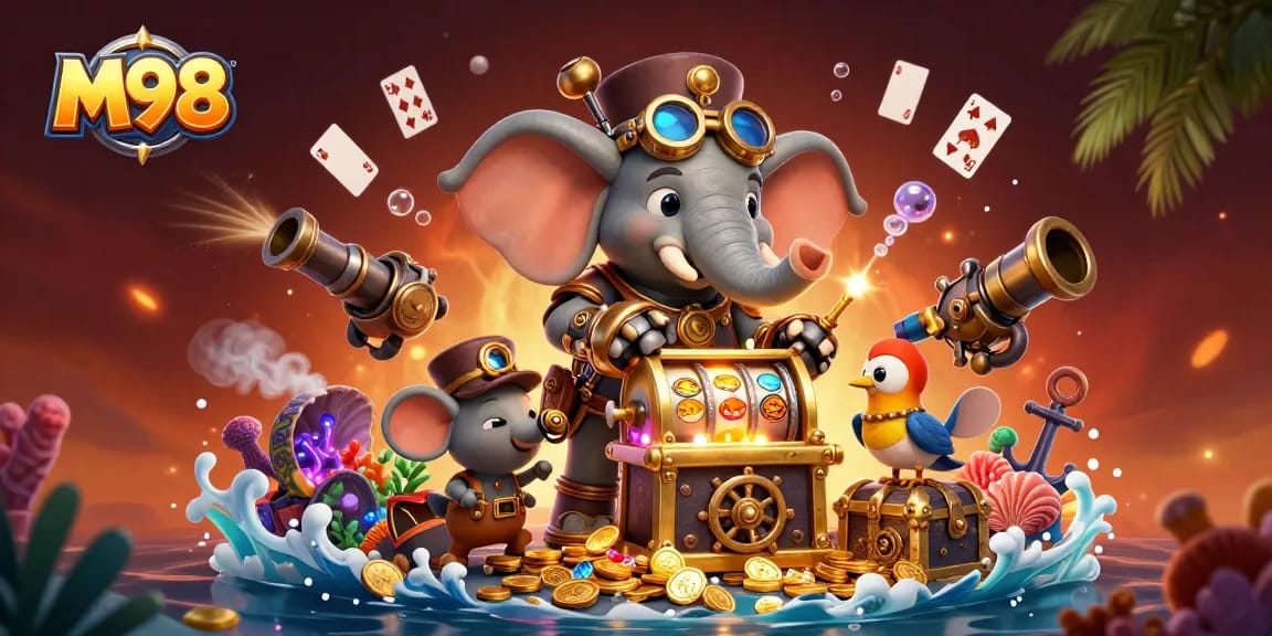 M98 players spinning the golden slot machine surrounded by treasures and vibrant game elements