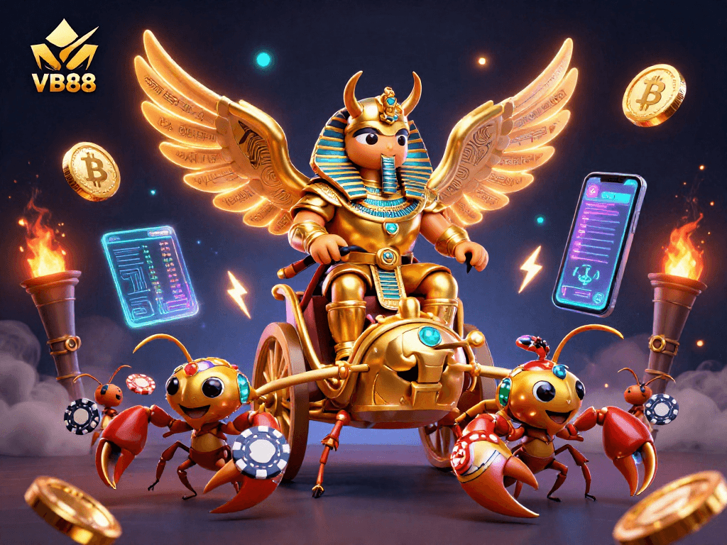 Experience the thrill of VB88 with an intricate illustration showcasing a golden scarab and gaming elements.