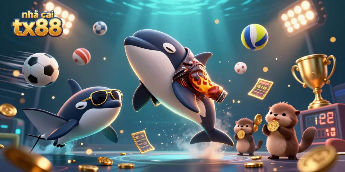 nhà cái tx88 showcases a vibrant underwater casino scene with orca, stingray, and otters amidst dynamic sports betting elements