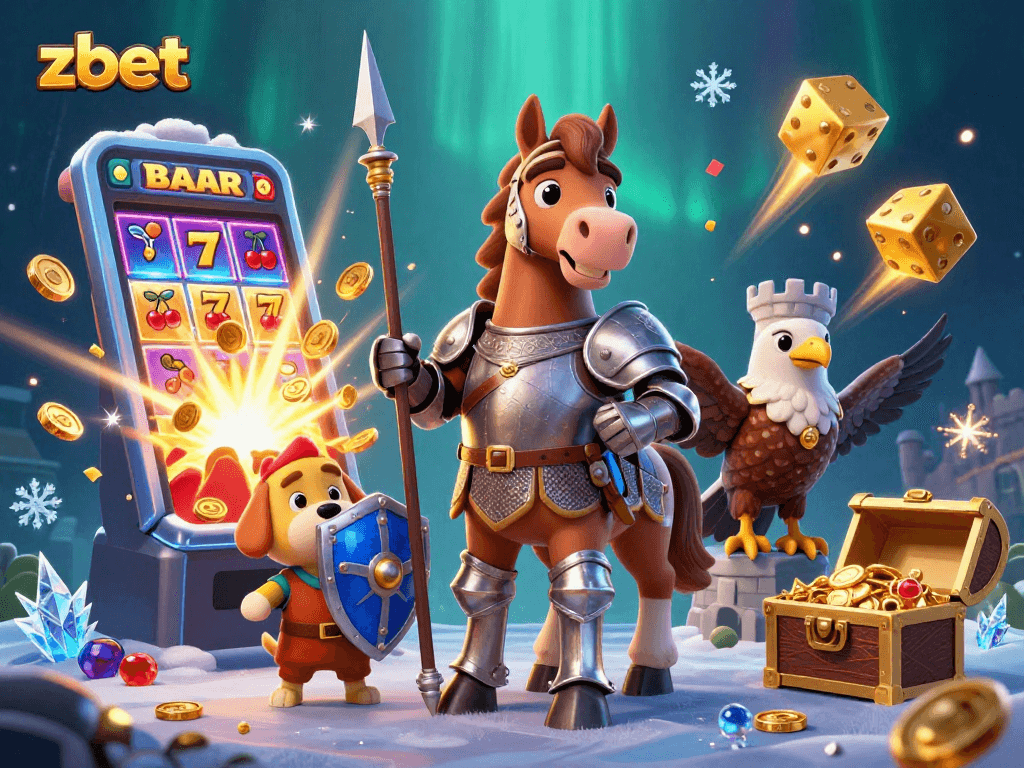 Zbet brings excitement with a 3D knight and puppy amid casino treasures and jackpot symbols.