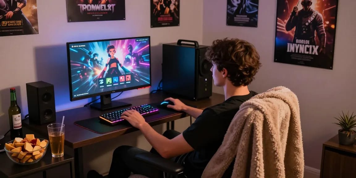 Engaging scene of a gamer enjoying interactive porngames in a cozy room with modern gaming setup.
