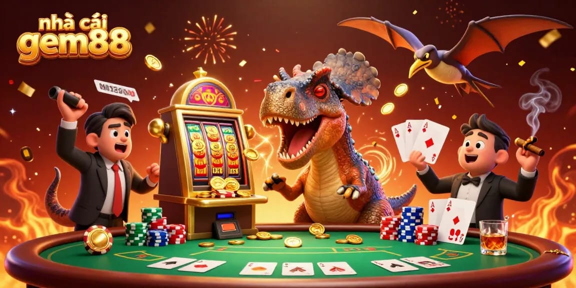 nhà cái gem88 illustrates a thrilling jackpot scene with vibrant casino characters and iconic gaming elements.