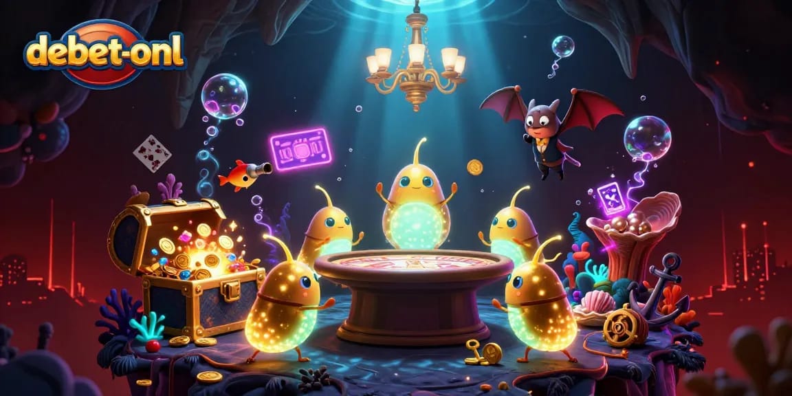 Experience debet-onl's vibrant cave casino scene filled with lively characters and magical game elements.