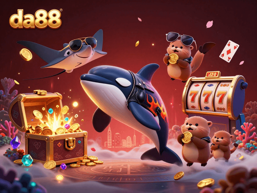 da88 offers thrilling casino adventures with a vibrant 3D illustration showcasing playful sea creatures and gambling elements.