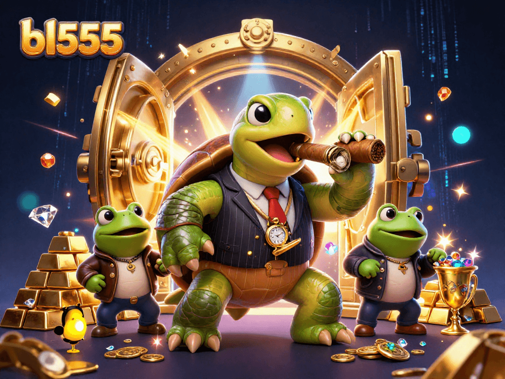 Engage in exciting casino gaming at bl555 with a dynamic scene featuring a cartoon turtle mobster surrounded by wealth.