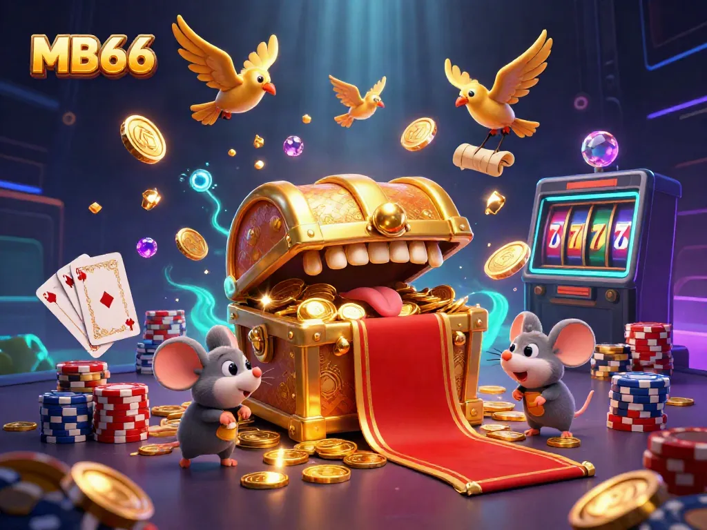 Experience MB66's thrilling online casino with dynamic visuals of treasure chests, golden coins, and vibrant gaming elements.