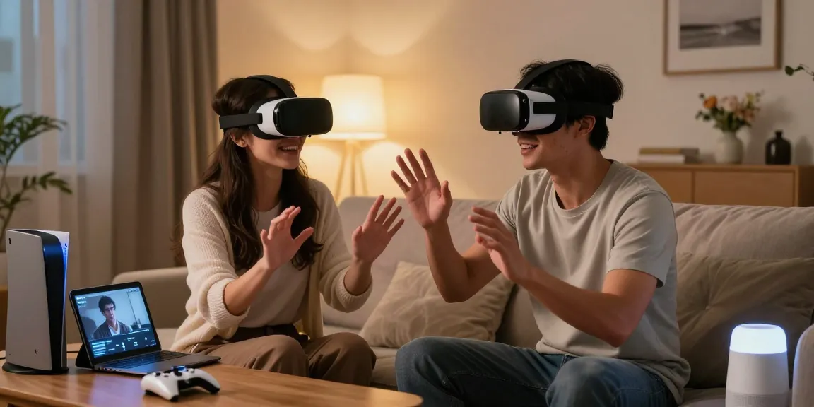 Couple using AI sex technology in a cozy living room setting while wearing VR headsets.