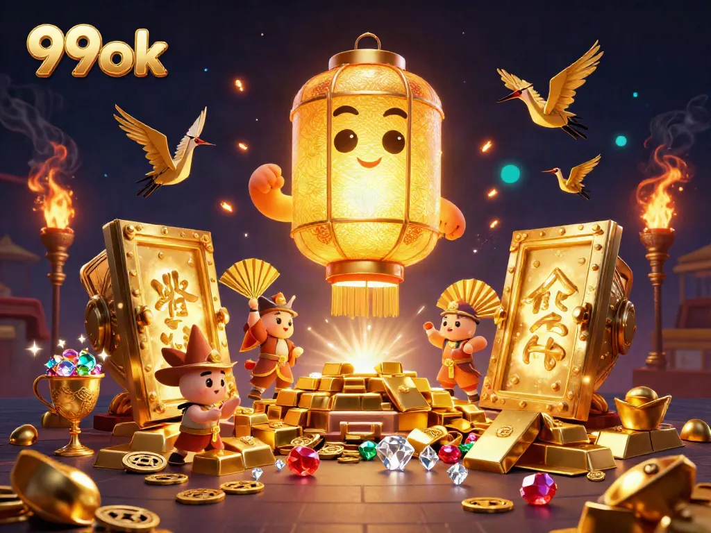 Experience the vibrant world of 99ok with a golden lantern spirit amidst casino treasures and dynamic elements.