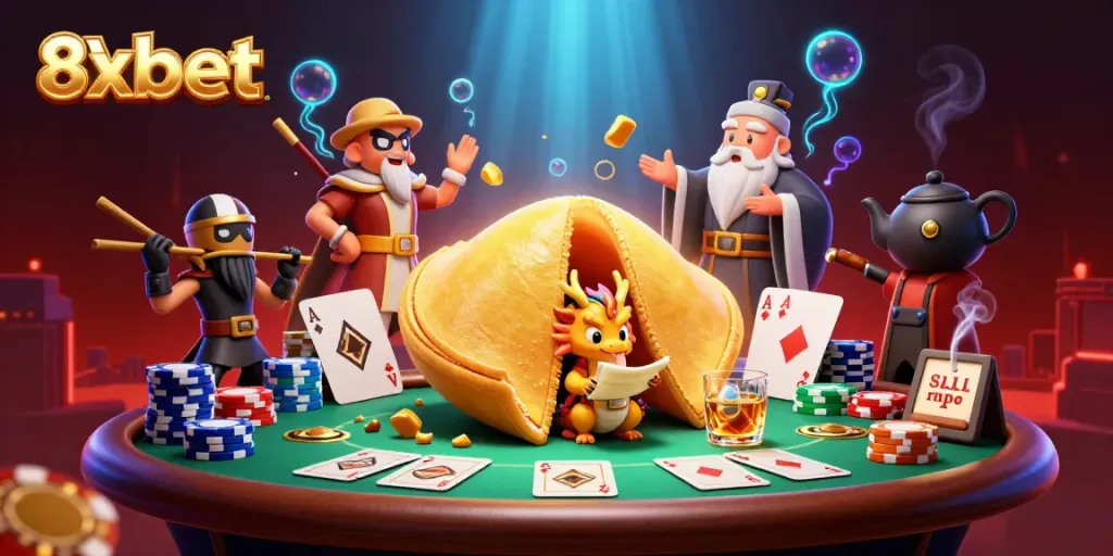 Experience 8xbet's dynamic gaming world with vibrant fortune cookies and poker elements.