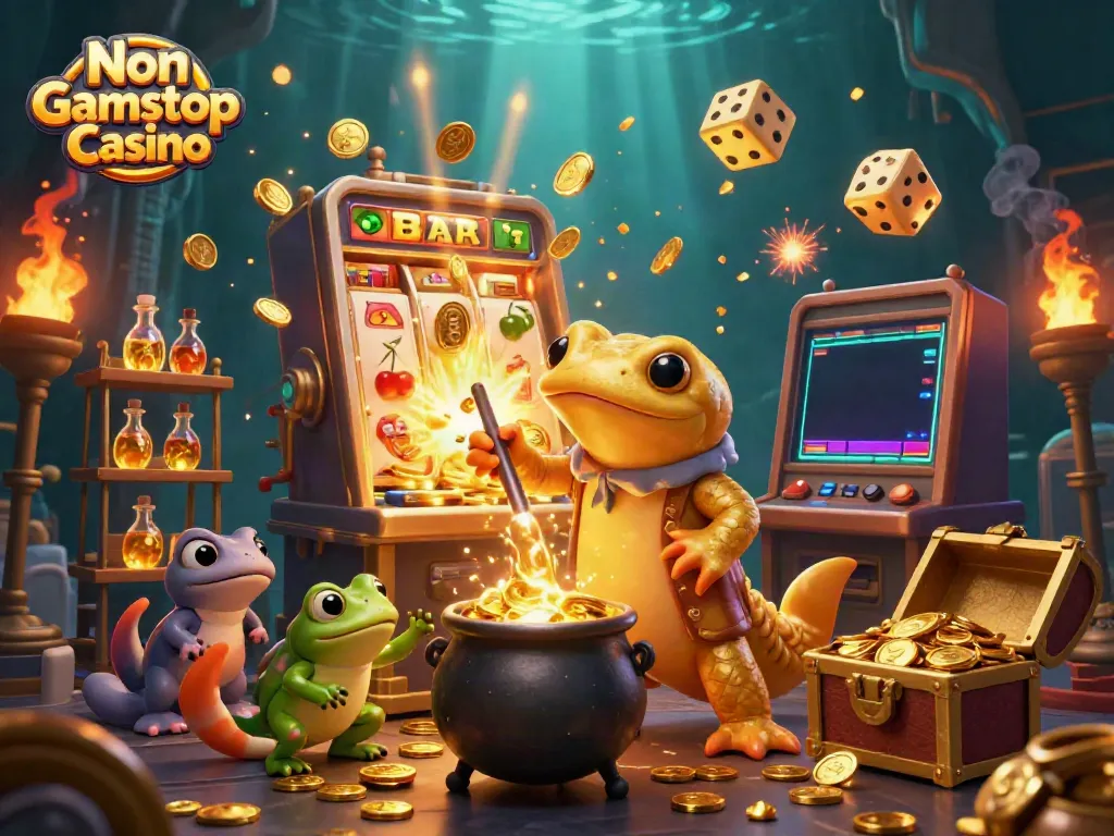 Experience thrilling action at Non Gamstop Casino with a vibrant 3D alchemist scene filled with gold.