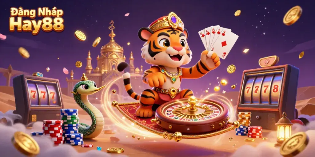 Experience the thrill of Đăng Nhập Hay88 with a magical sultan scene and vibrant casino elements.