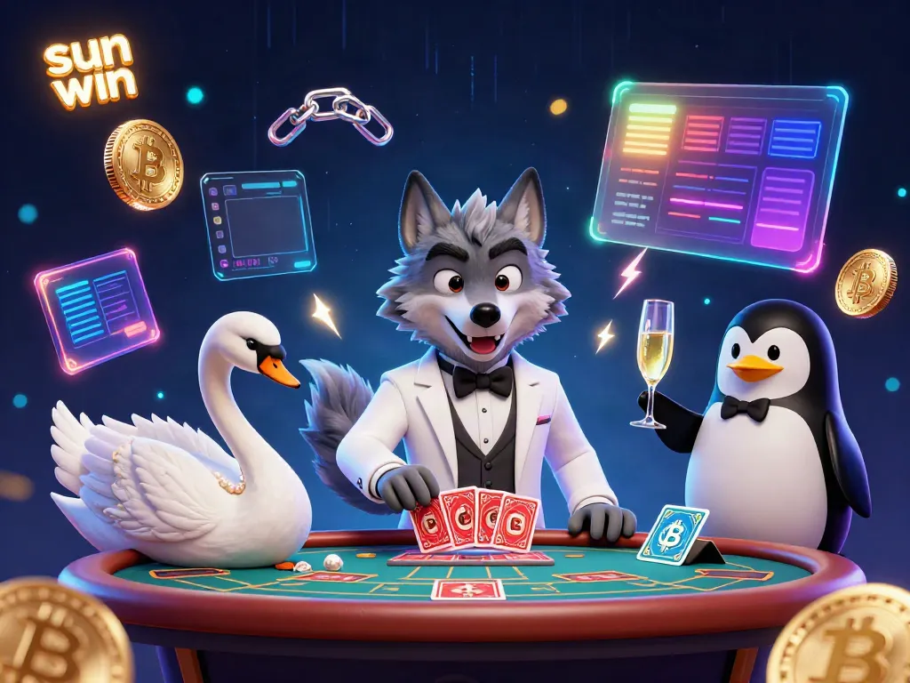 Play and win at sun win with a debonair wolf, an elegant swan, and a penguin sommelier in a lively casino scene.