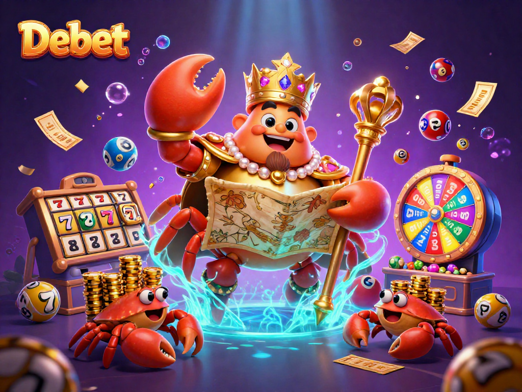 Experience thrilling gameplay at Debet with a vibrant display of golden slots, colorful lottery balls, and a crab emperor.