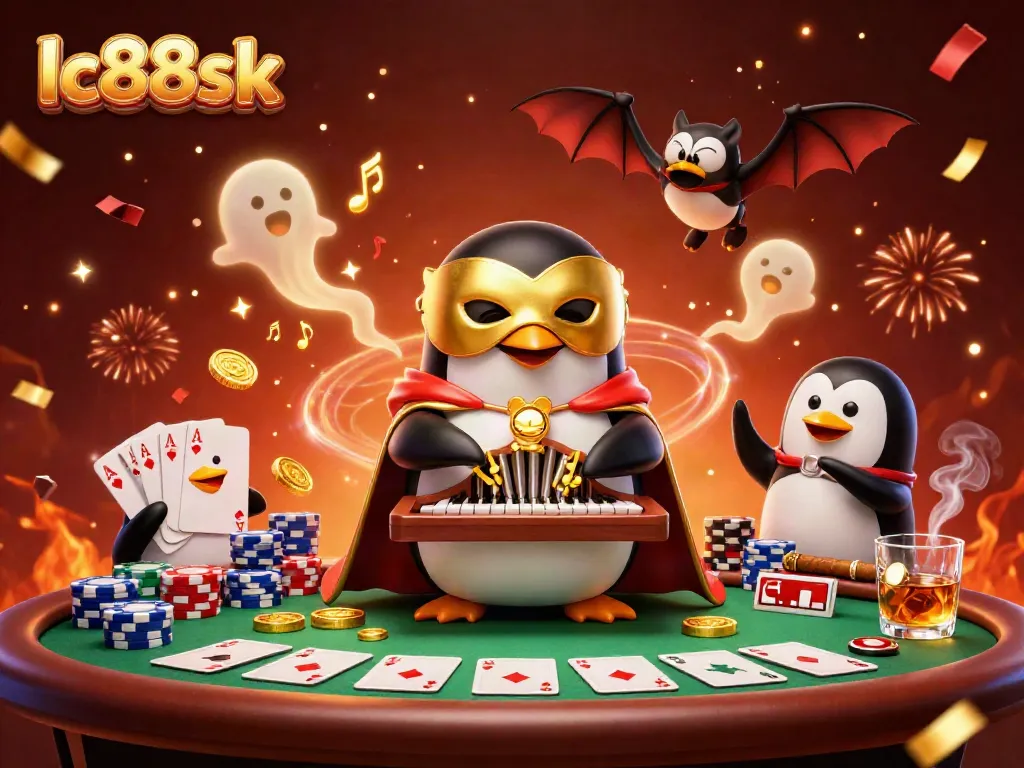 Experience thrilling gaming with lc88sk's vibrant casino scene featuring a phantom penguin.