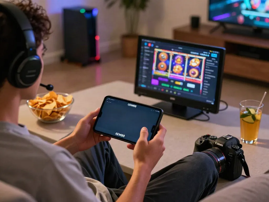 Player engaging with GEM88 mobile app in a cozy gaming setup, showcasing entertainment features.