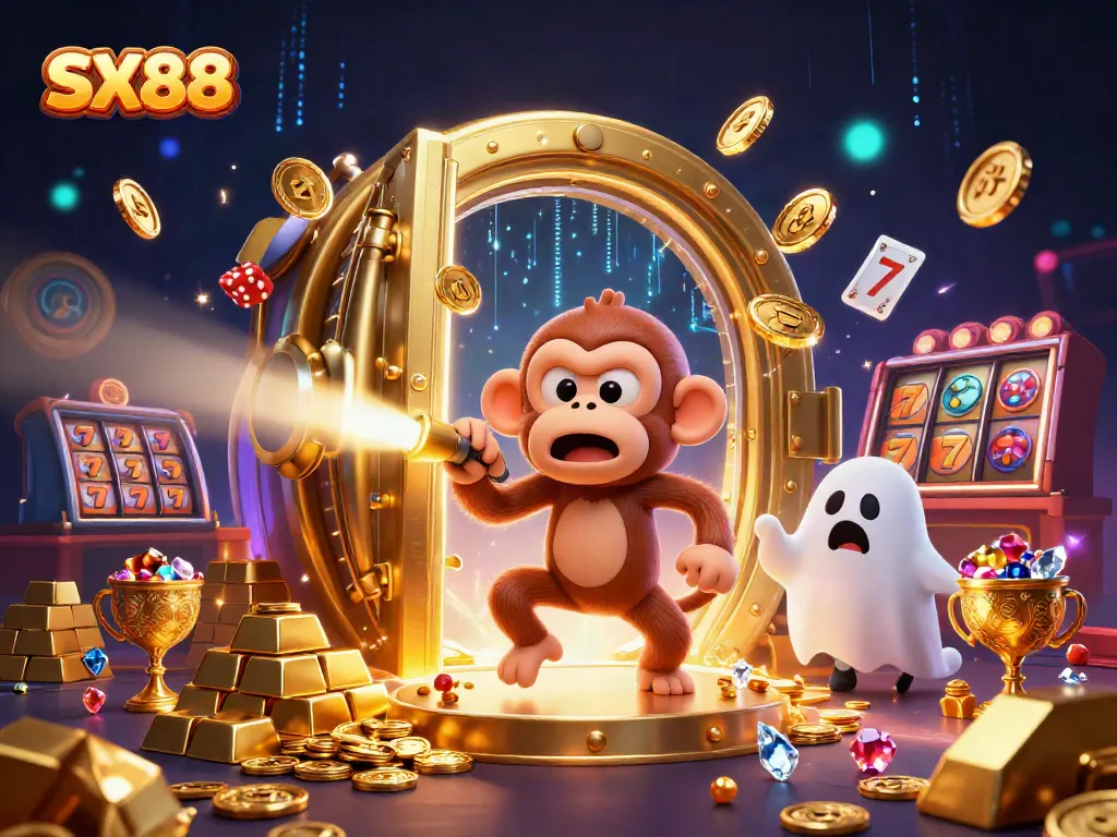 SX88 showcases a lively scene with a playful poltergeist monkey and a thrilling ghost-hunter puppy in an engaging casino full of treasures.