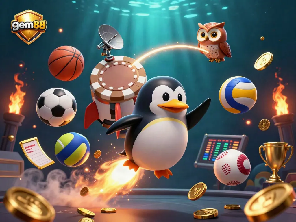 Experience the thrilling action of gem88 as the golden penguin rockets toward a casino space station amidst dynamic sports elements.