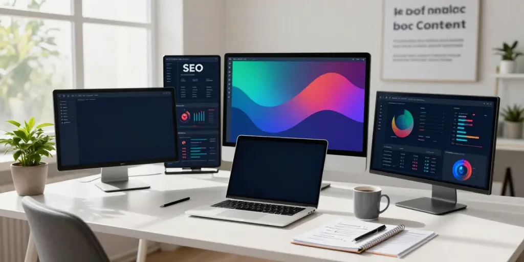 SEO professional analyzing instant indexing strategies in a vibrant workspace.