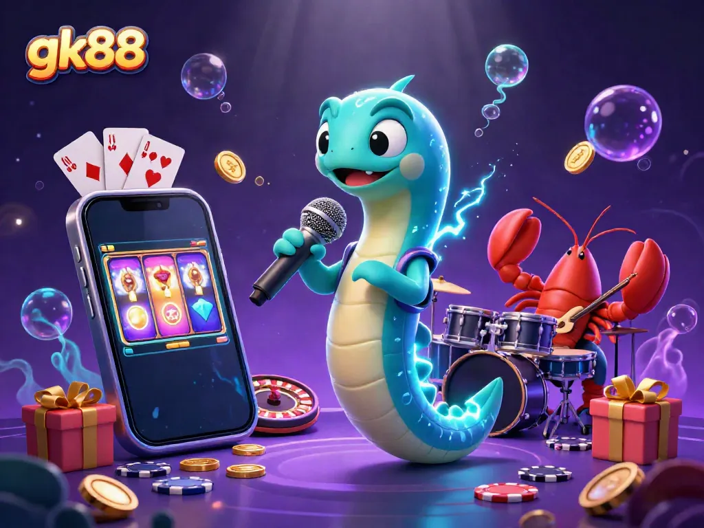 gk88's electric eel DJ performing in an underwater casino stage, surrounded by colorful slot games and vibrant ocean elements.