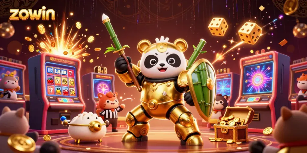 Experience the excitement at Zowin with a dynamic panda robot battling in a lively casino arena.