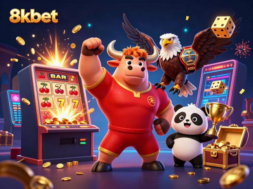 Engage in thrilling games at 8kbet with a vibrant casino-themed illustration showcasing exciting characters.