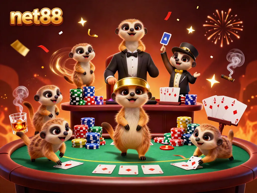 Meerkats create an exciting casino scene for net88 with poker action, chips, and festive atmosphere.
