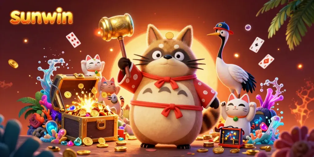 Experience the excitement with sunwin featuring a cheerful tanuki, samurai crane, and waving fortune cats amidst vibrant gaming treasures.