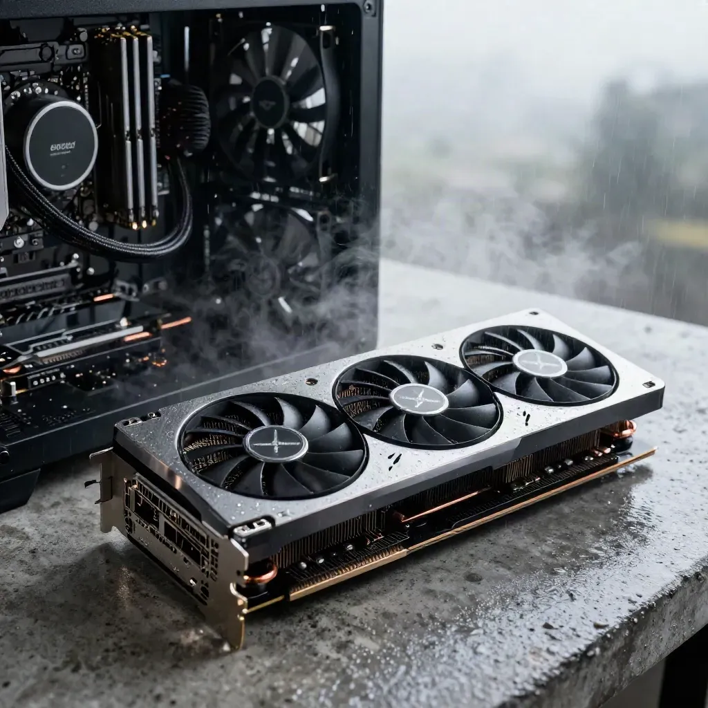 Triple-fan graphics cards in an open PC case with a braided cable and rain-lit workshop fan.