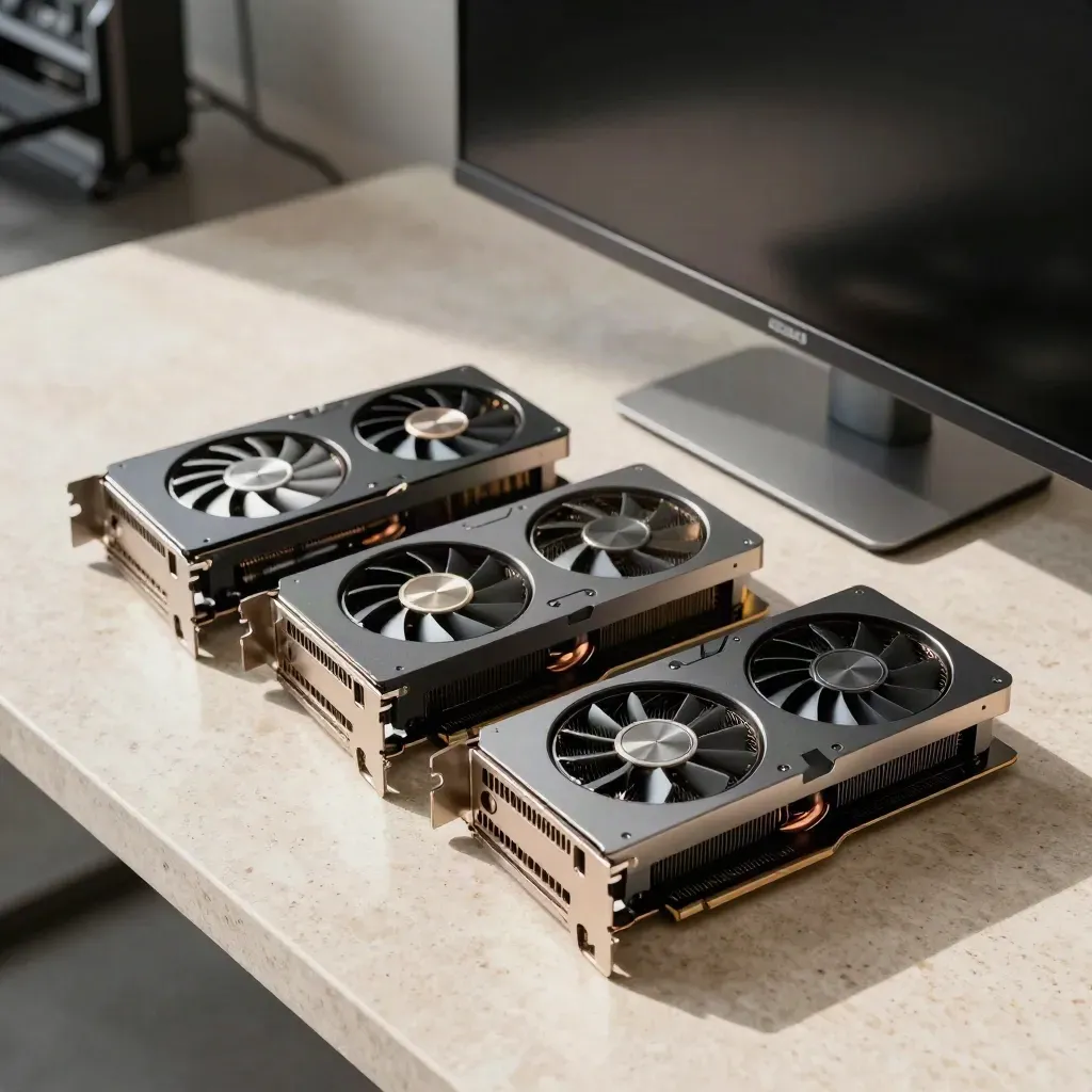 Three GPUs beside a powered-down 4K monitor on travertine, lit by bright morning daylight.