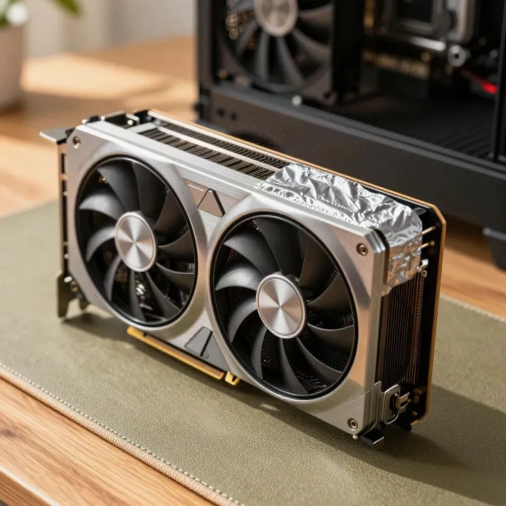 Close macro of an RX 7800 XT cooling down in an open test rig with dust, spare fan and sleeve.