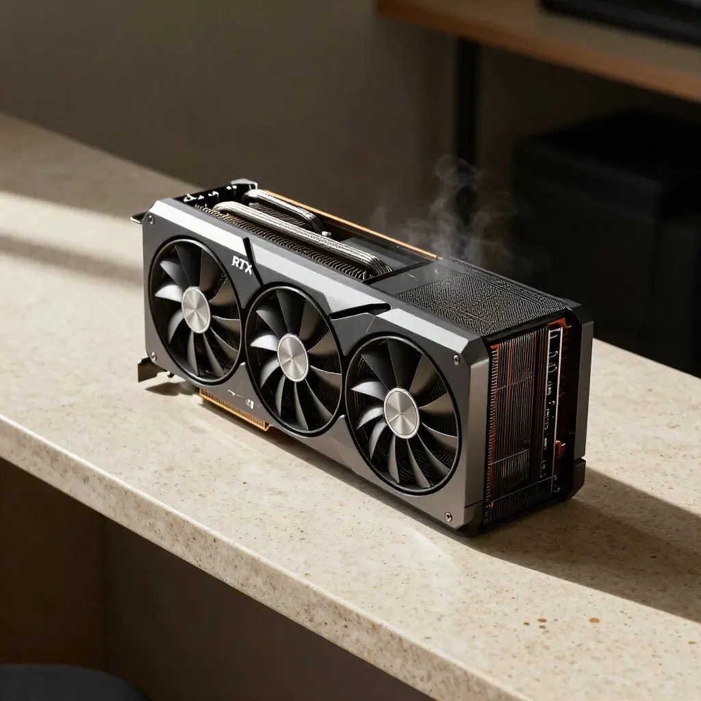 RTX 4090 in open tower with spare fan and dust filter, heat shimmer rising