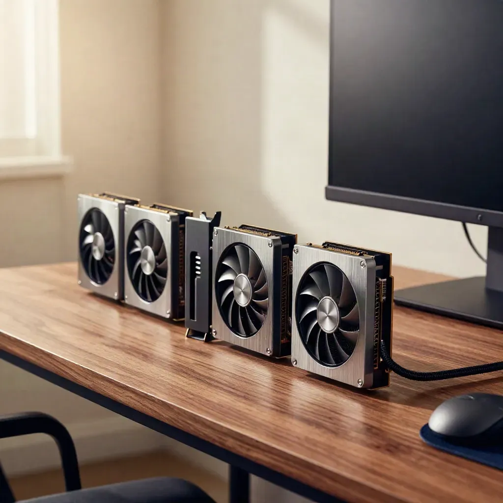 Affordable GPUs lined up beside a dark monitor and lamp on a morning-lit desk