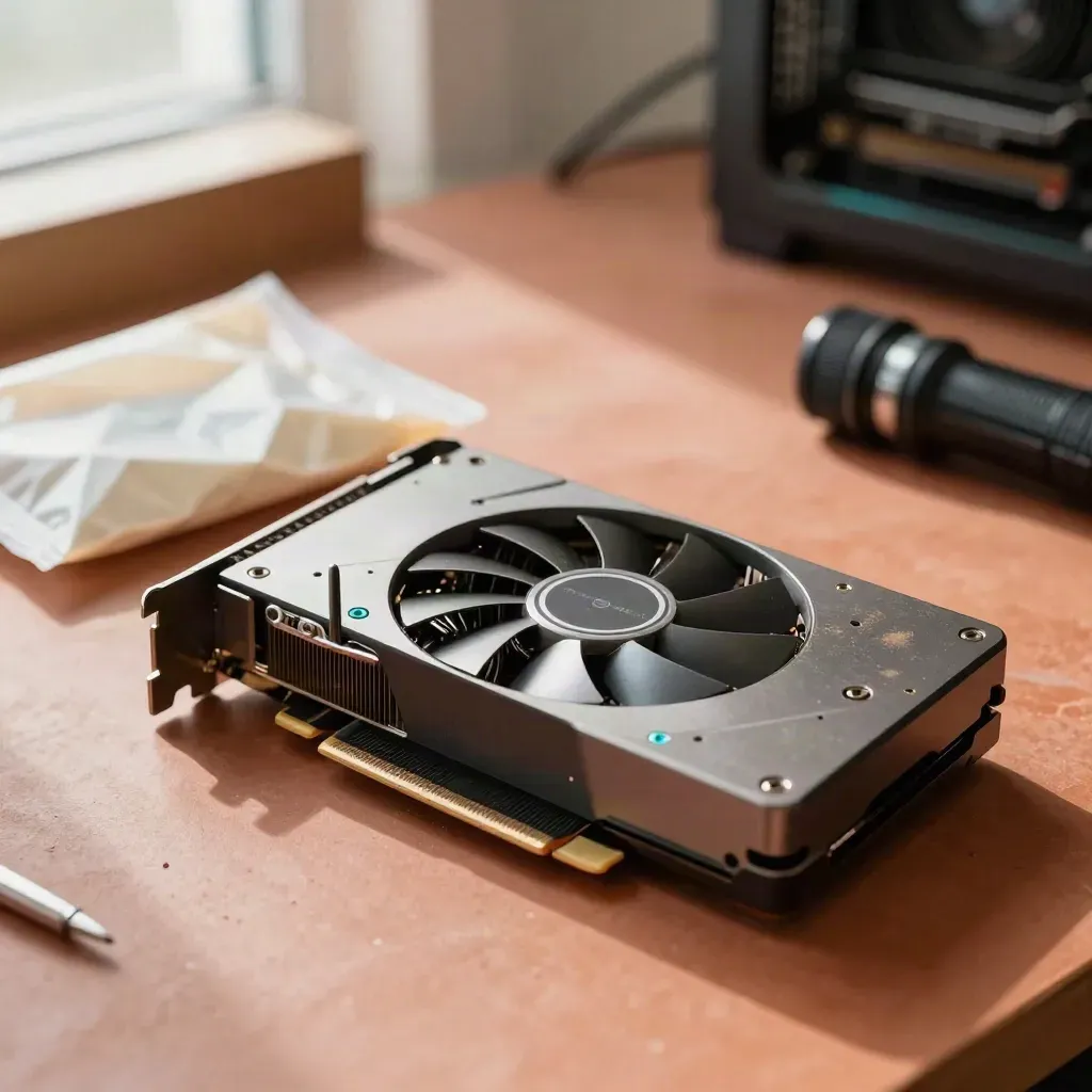 Used GPU under inspection on a warm workbench beside an anti-static bag and flashlight