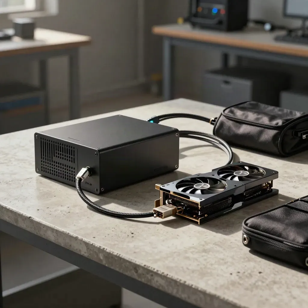 PSU, braided power leads, GPU, cable comb and tool pouch on a concrete workbench