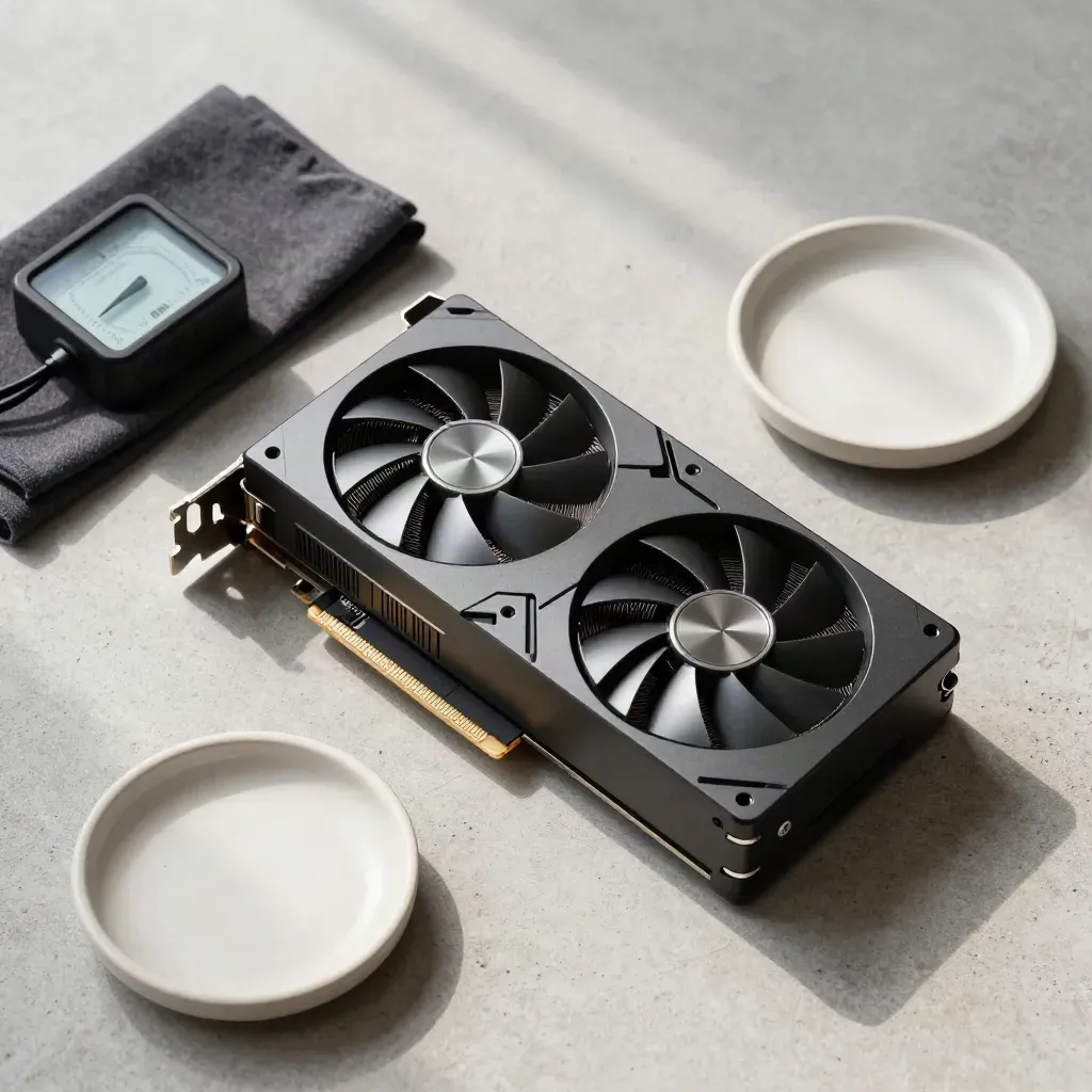 Overhead GPU test bench with graphics card, riser, power meter, cloth and ceramic dish.