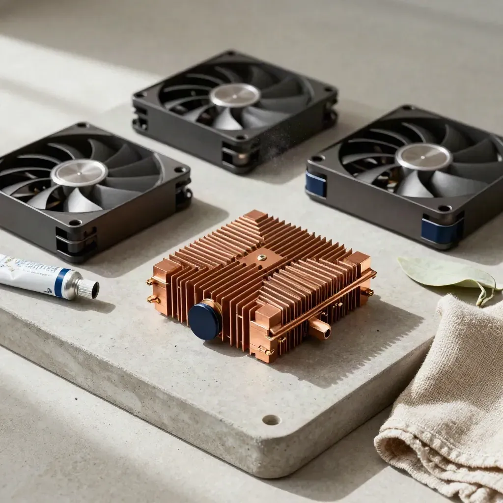 Copper heatsink, case fans, thermal paste and linen on a concrete tray with a pale leaf