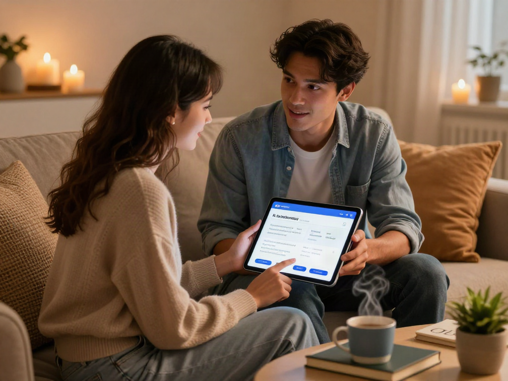 Couple exploring ai sex relationship tools on tablet in cozy setting