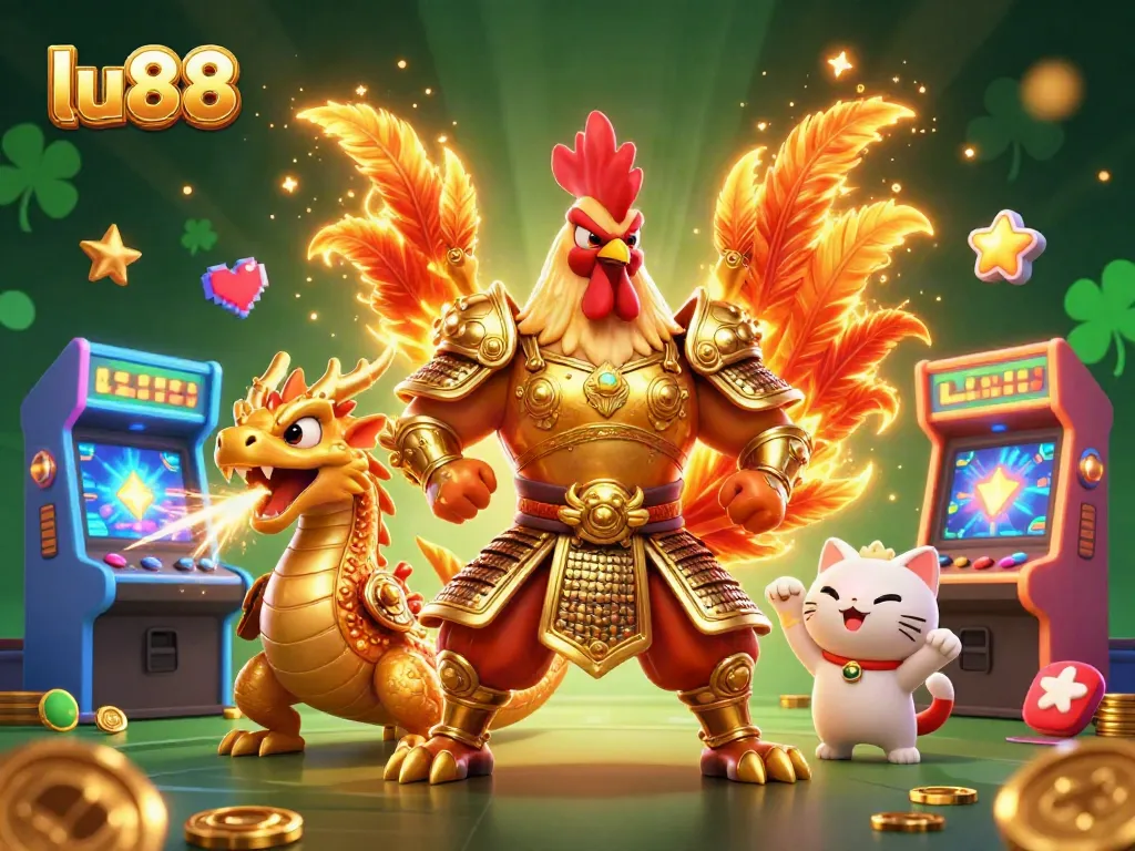 Experience exciting gaming at lu88 with a powerful rooster warrior, fiery dragon, and vibrant casino elements