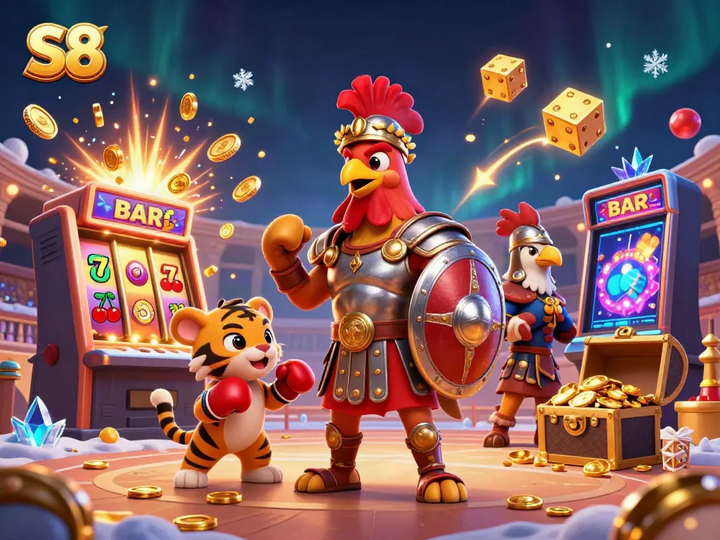 Engage in thrilling slots with the vibrant S8 casino adventure featuring a gladiator rooster and lively elements.
