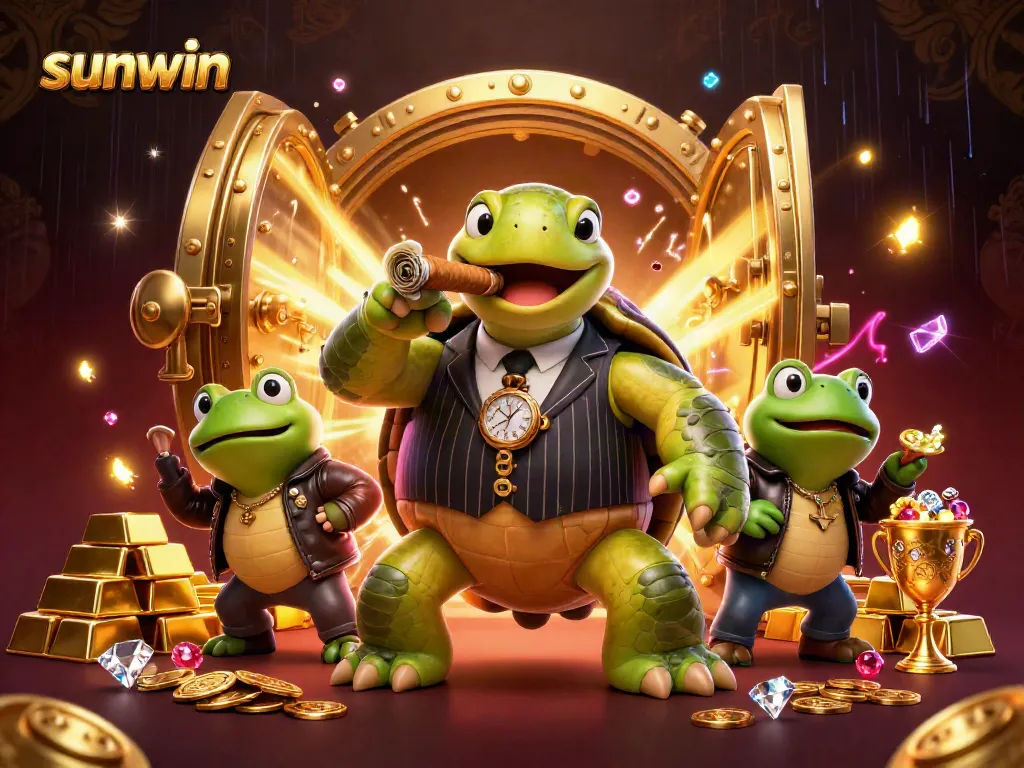 Experience thrilling gameplay at sunwin with a vibrant casino scene featuring an extravagant turtle in a mobster suit.