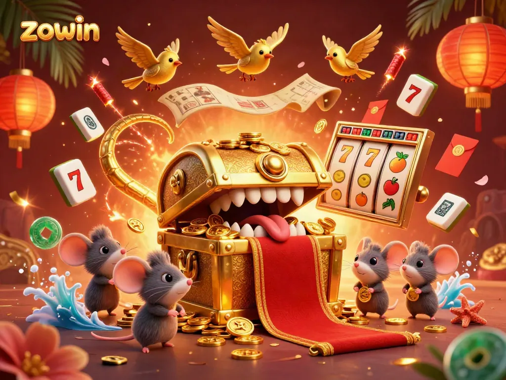 Zowin slots scene featuring a golden treasure chest, vibrant slot reels, and festive fireworks.